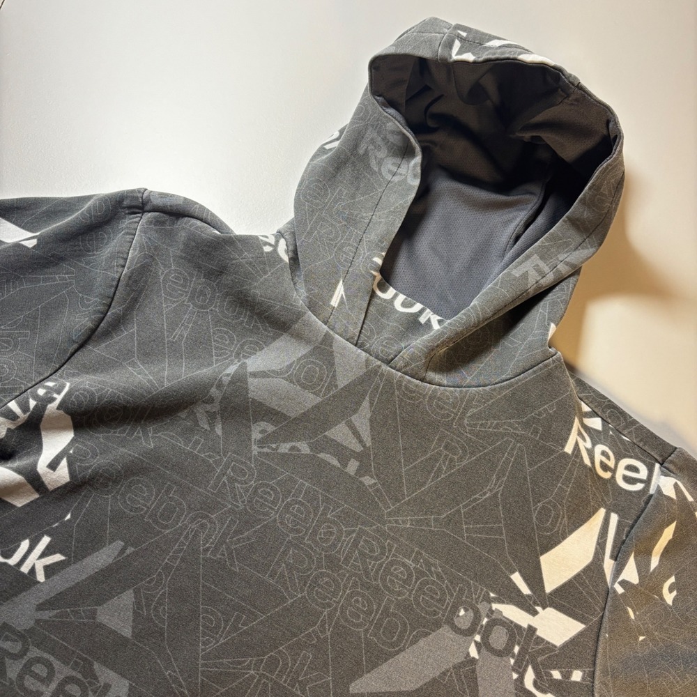 Reebok Hoodie Pullover Gray Graphic Logo Print‎ Activewear Athleisure Mens